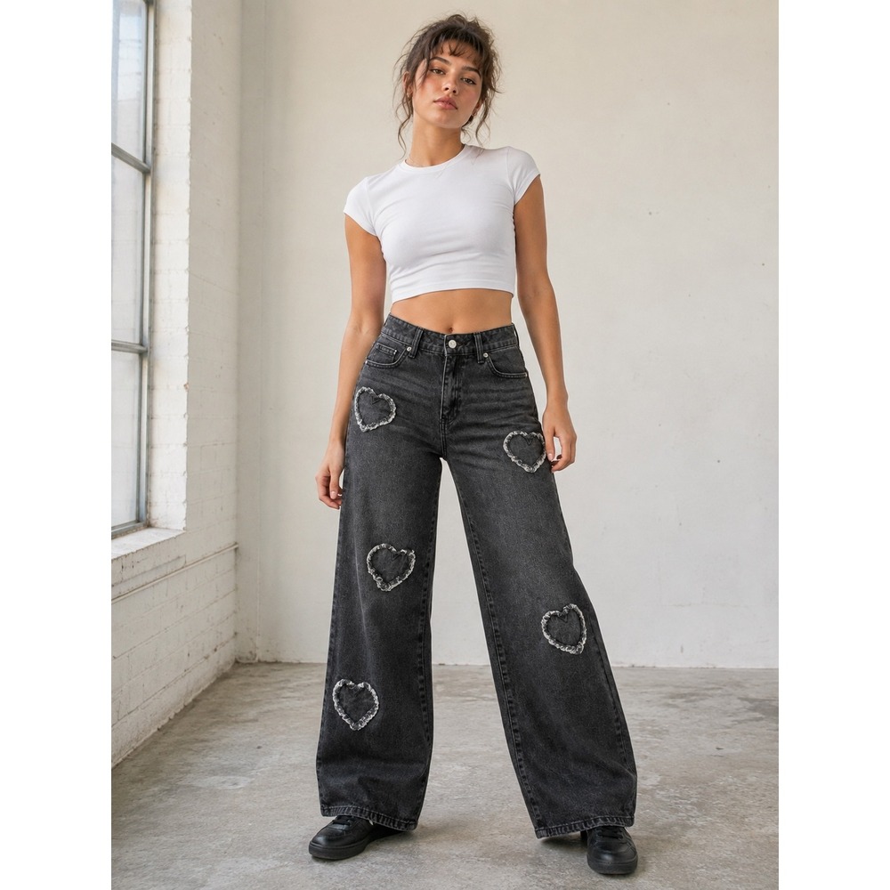 Refuge Heart Cutout Wide Leg Jeans Charcoal Grey Baggy Denim Size 3 Grunge